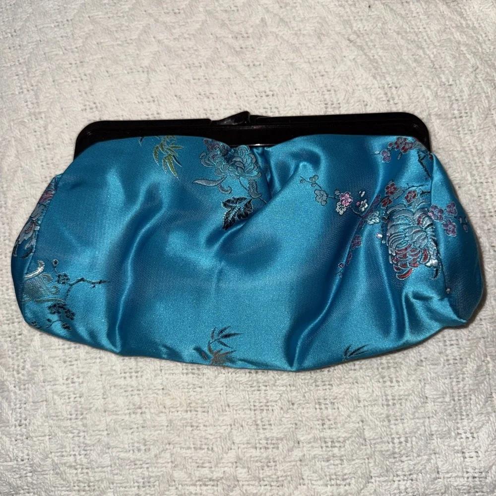 Vintage Kiss Lock Cosmetic Case Purse Bag Asian Colorful Satin Teal Blue Floral